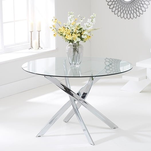 Daytona 110cm Glass Round Dining Table, Round Glass Dining Table And 4 Cream Chairs