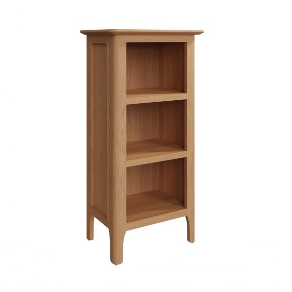 Katarina Oak Small Narrow Bookcase angle scaled