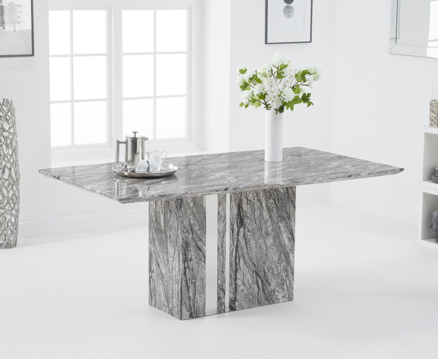 White And Grey Marble Dining Table And Chairs / White Marble Dining