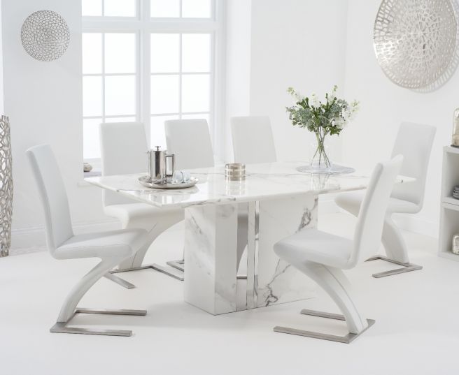 Alice 180cm White Marble Dining Table, White Marble Dining Table With Grey Chairs