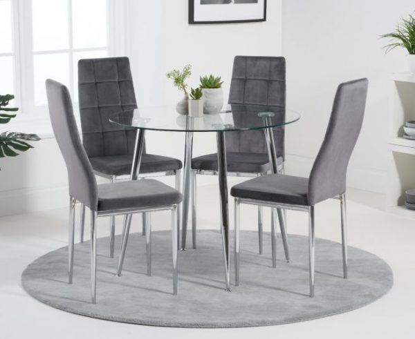carolina 90cm round glass dining table with carolina grey fabric chairs wr1