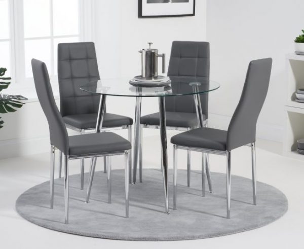 carolina 90cm round glass dining table with carolina grey pu chairs wr1