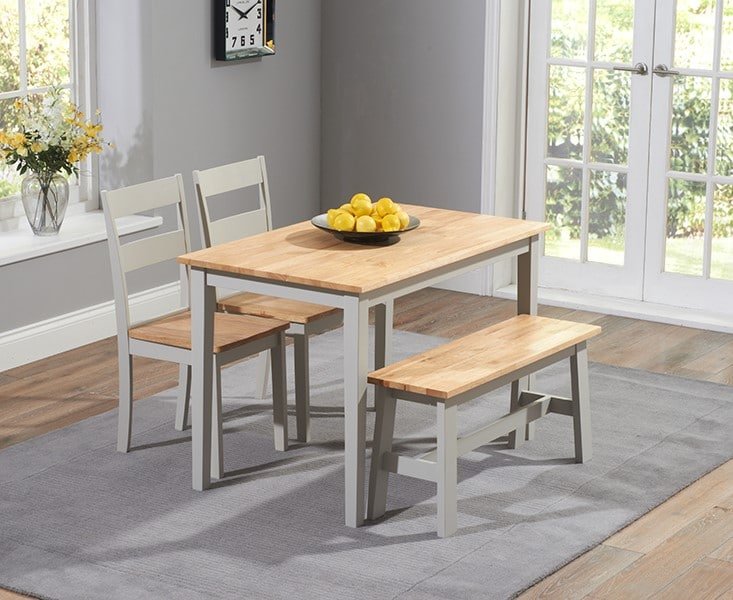 Chichester 115cm Oak Grey Dining Set, Dining Table Set With 2 Chairs And Bench
