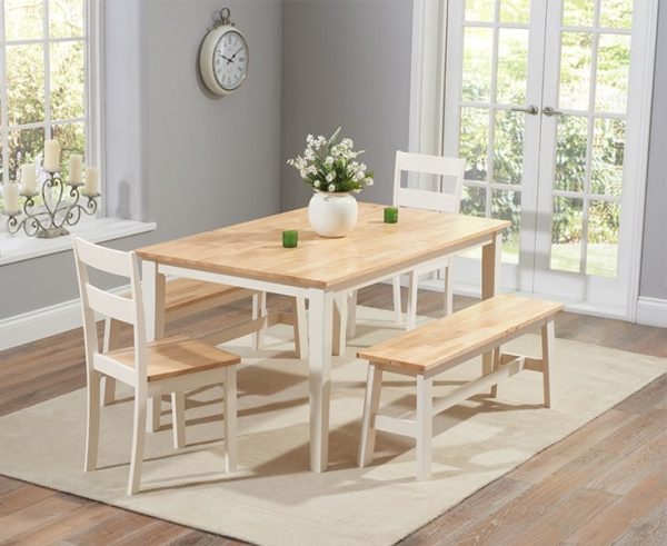 Chichester 150cm Oak & Cream Dt + 4 Chairs + 1 Large Bench