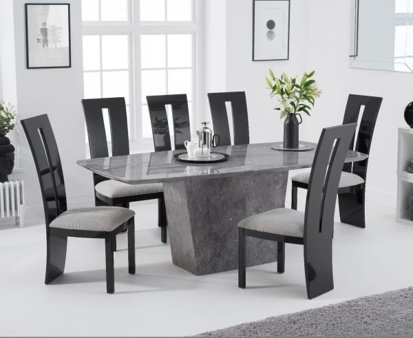 Fariah 200cm Light Grey Marble Dining Table withRivilino Black Dining Chairs