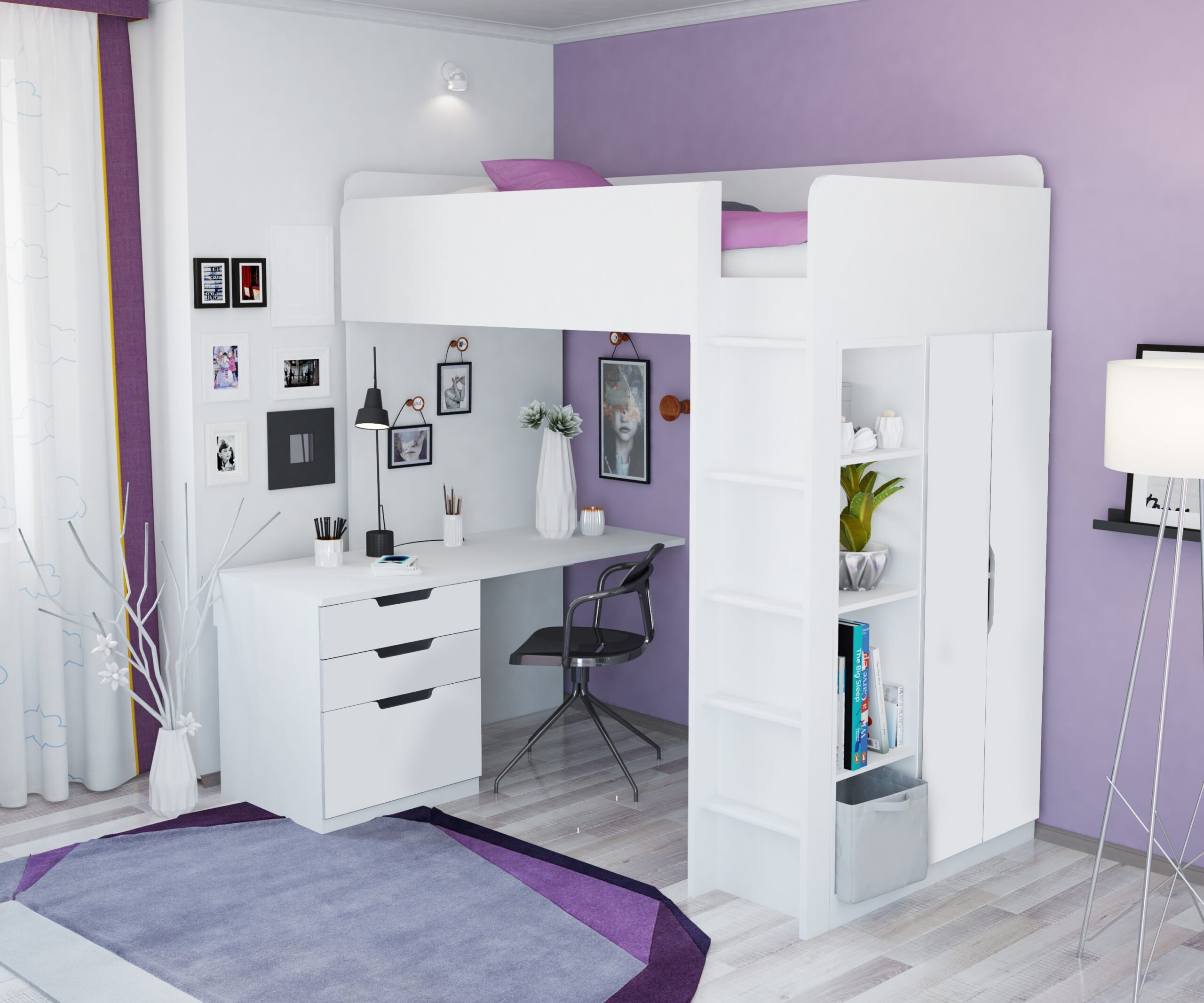 loft/desk/bookcase bedroom furniture set