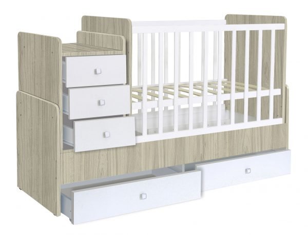 Convertible Cot bed 1100 with drawer unit, white-Elm