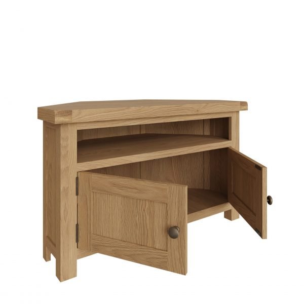 Carthorpe Oak Corner TV Unit open scaled