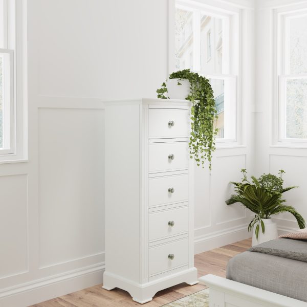 Marcel White 5 Drawer Narrow Chest scaled