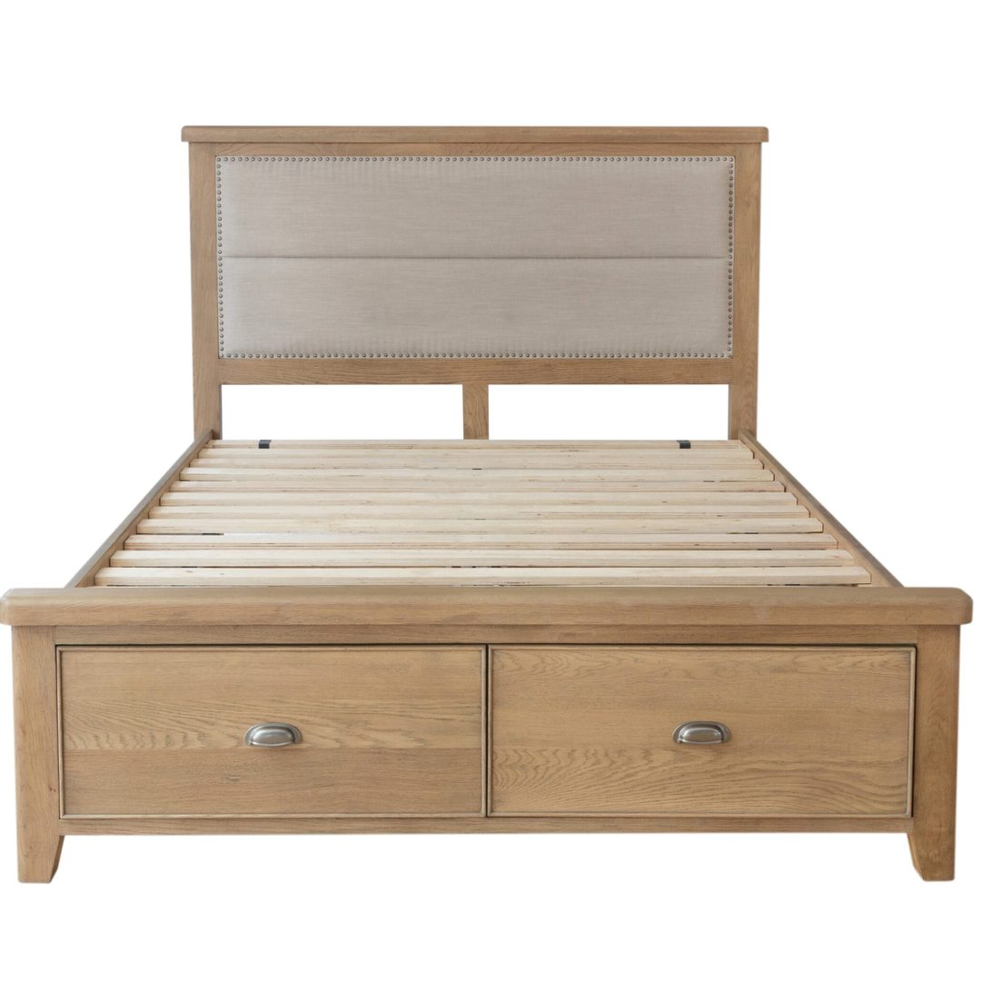 Ryedale Oak 6'0 Bed with Fabric Headboard and Drawers | Buy Now