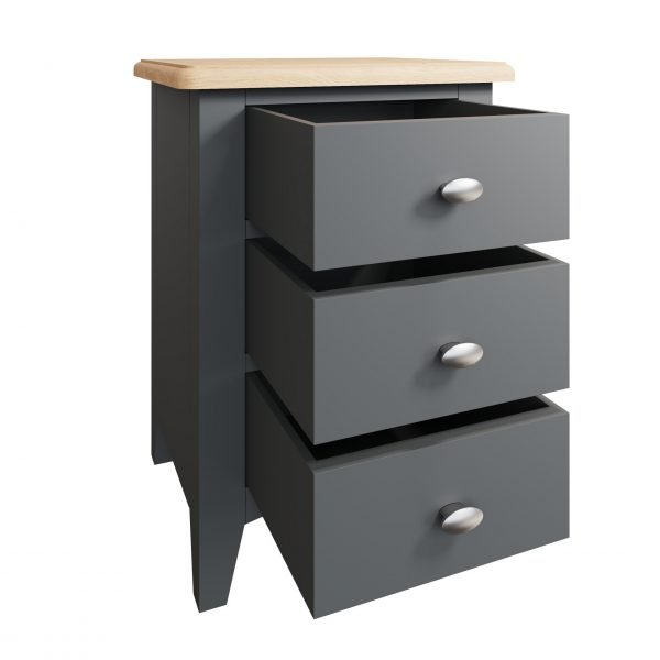 Firby Oak 3 Drawer Bedside Open scaled
