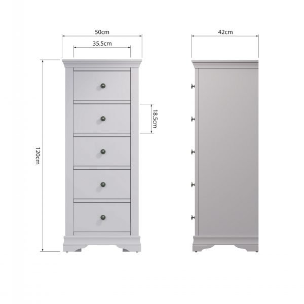 Isabelle Grey 5 Drawer Narrow Chest dims scaled