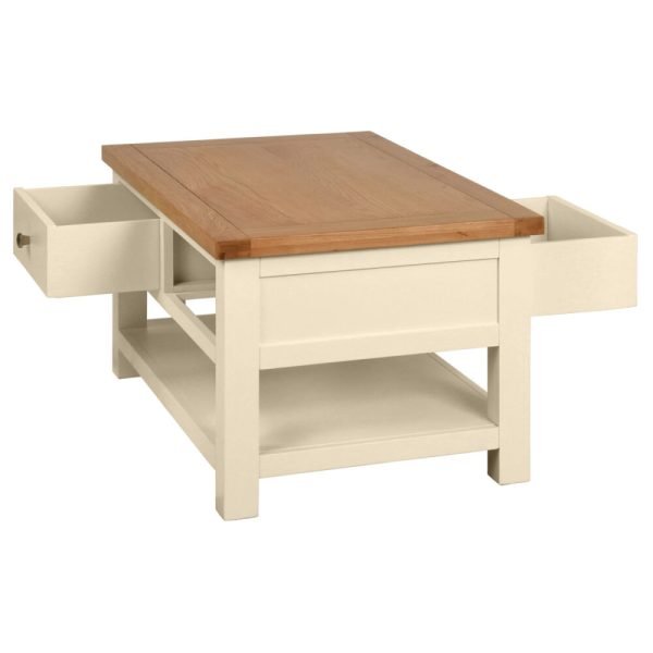 DPTPI painted coffee table with drawers living room storage oak top ivory open drawers x c default