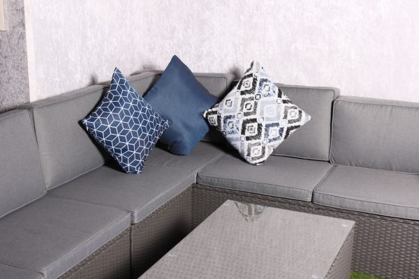 2 Blue Geometric Scatter Cushions sofa