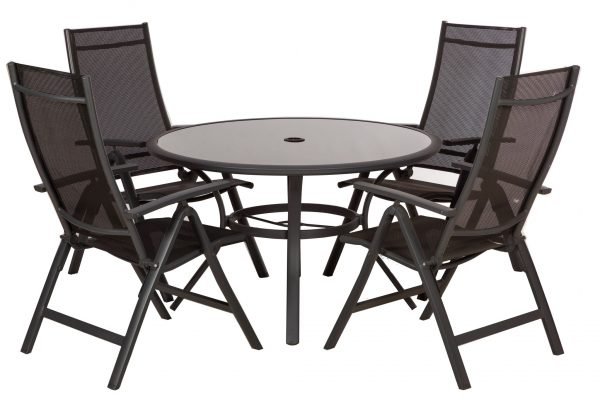Sorrento Four Seater Deluxe Recliner Round Dining Set parasol