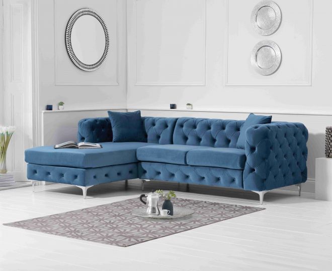 Urban Elegance Reclaimed Table Medium pt brunel blue velvet left facing chaise sofa