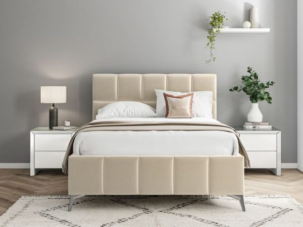 4'6 Fabric Bedframe - Beige - Linen