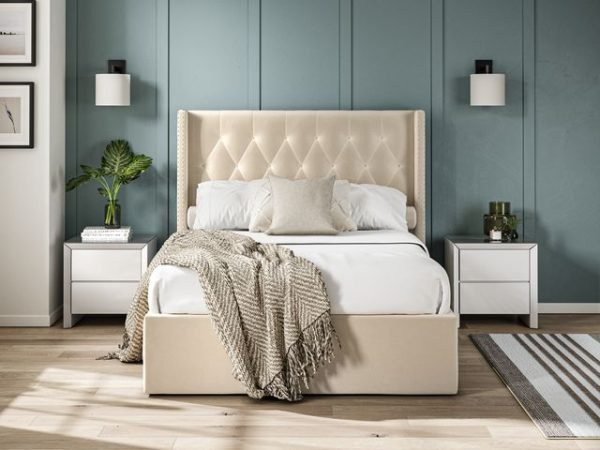 4'6 Fabric Bedframe Ottoman  - Beige - Linen