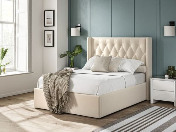 4'6 Fabric Bedframe Ottoman  - Beige - Linen