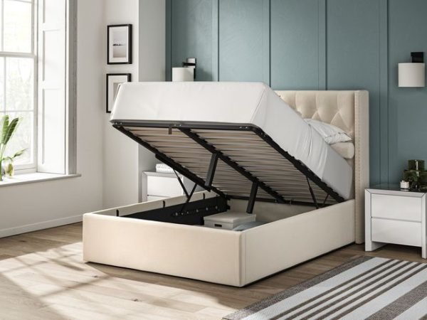 4'6 Fabric Bedframe Ottoman  - Beige - Linen