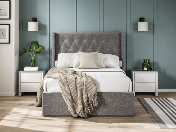 4'6 Fabric Bedframe Ottoman  - Dark Grey - Linen