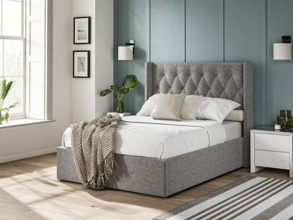 4'6 Fabric Bedframe Ottoman  - Dark Grey - Linen