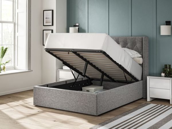 4'6 Fabric Bedframe Ottoman  - Dark Grey - Linen