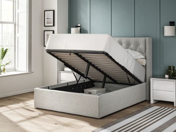4'6 Fabric Bedframe Ottoman  - Grey - Linen