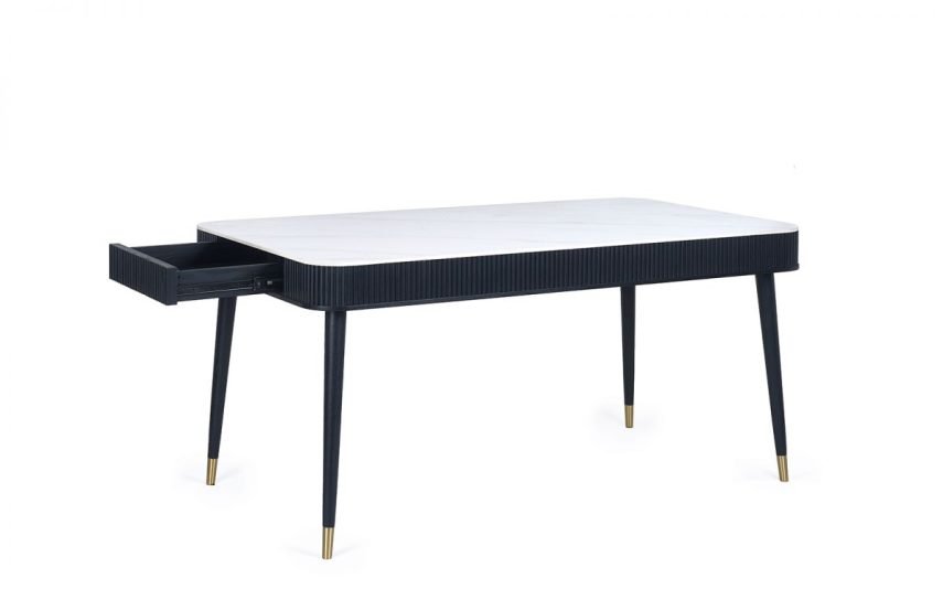lou louis black fluted stone top dining table with drawers cutout