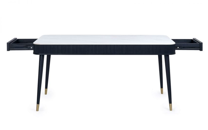lou louis black fluted stone top dining table with drawers cutout