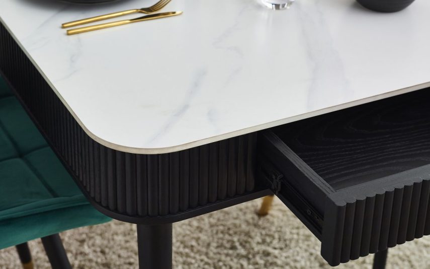lou louis black fluted stone top dining table with drawers detail