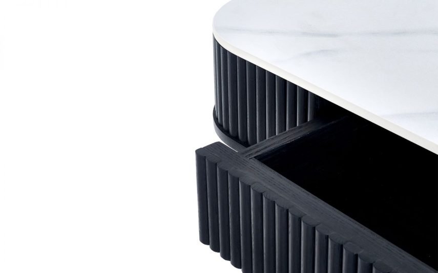 lou louis black fluted stone top dining table with drawers detail