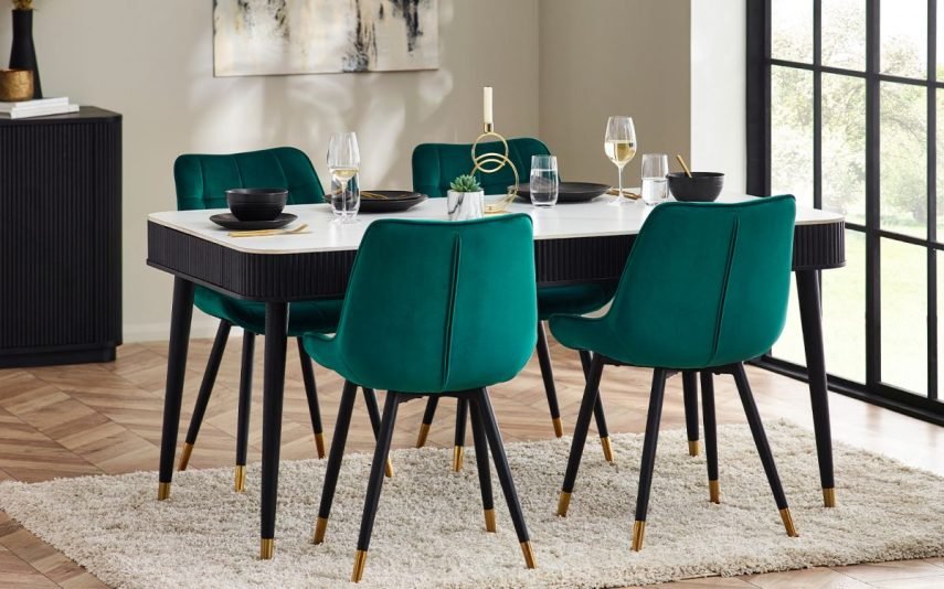 lou louis black fluted stone top dining table with drawers roomset