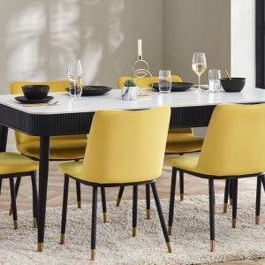 lou louis black fluted stone top dining table with drawers roomset