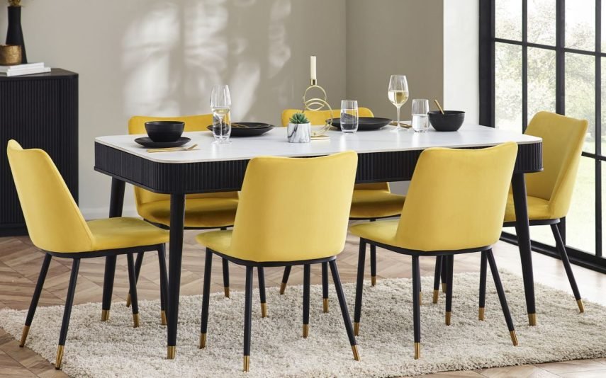 lou louis black fluted stone top dining table with drawers roomset