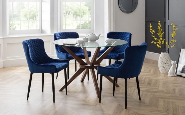 luxe blue chairs chelsea table roomset