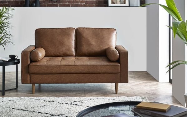 hen henley seater sofa brown faux leather roomset