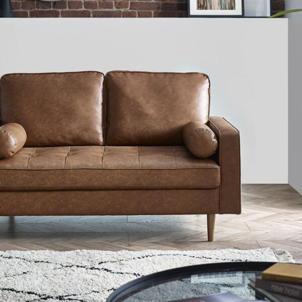 hen henley seater sofa brown faux leather roomset