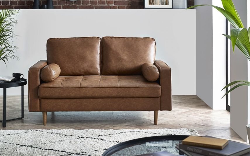 hen henley seater sofa brown faux leather roomset