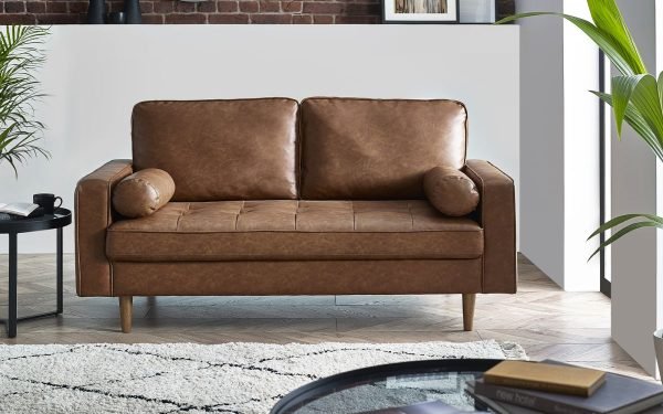 hen henley seater sofa brown faux leather roomset