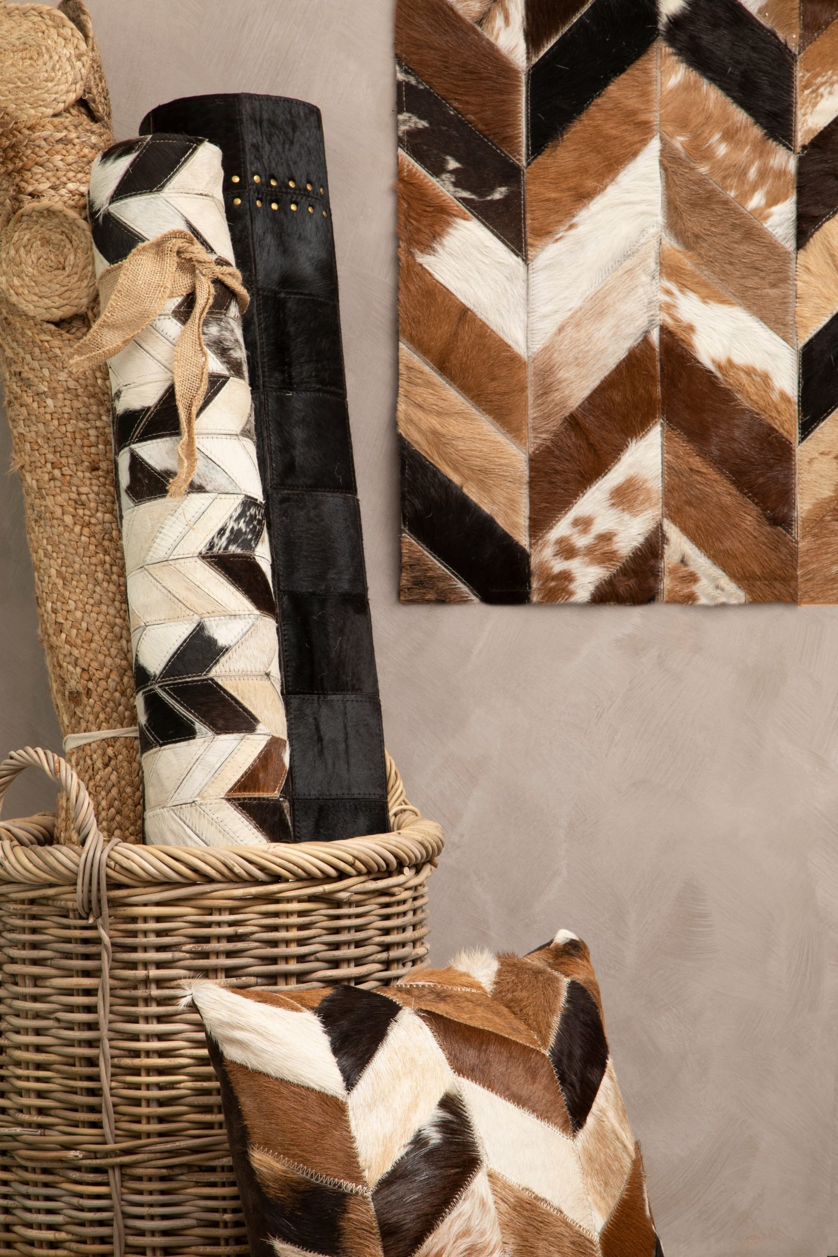 Sirocco Large Brown Hair on Leather Chevron Patchwork Rug 7 scaled jpeg