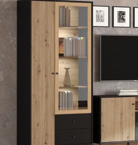 clifton slatted artisan oak effect and black door display cabinet p jpg