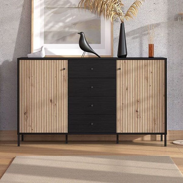 clifton slatted artisan oak effect and black sideboard p jpg