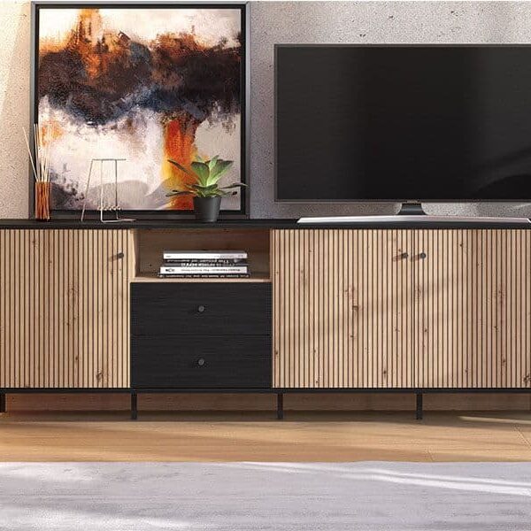 clifton slatted artisan oak effect and black tv unit p jpg