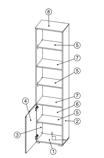 santino tall narrow bookcase with white gloss door s p png