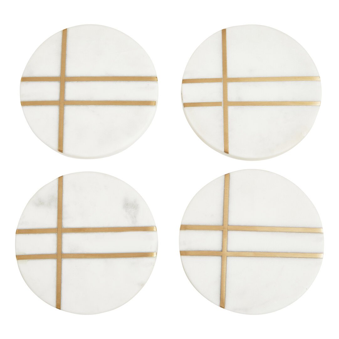 Omaxe Set of Four White Marble Gold Inlay Round Coasters 17 jpg