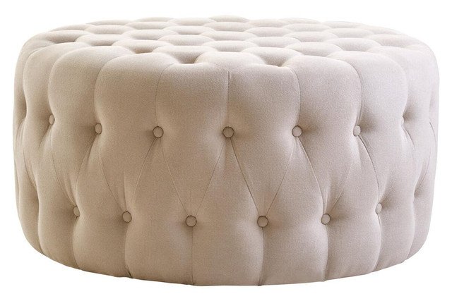 Haverly Beige Velvet Round Tufted Footstool 6 Haverly Beige Velvet Round Tufted Footstool - Image 3