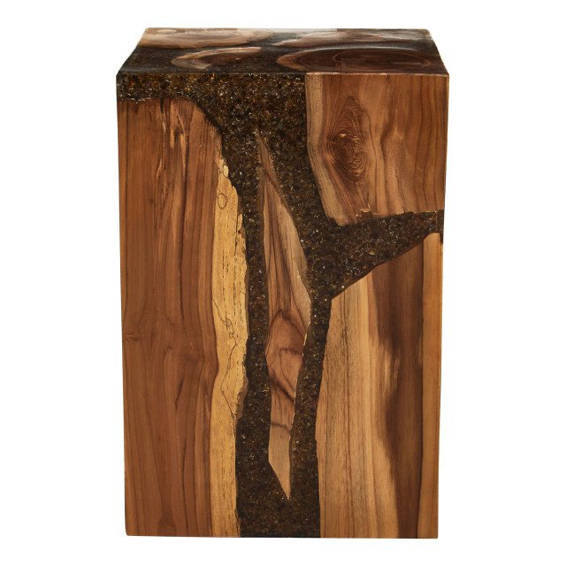 Striata Resin and Teak Wood Side Table and Stool 3 jpg