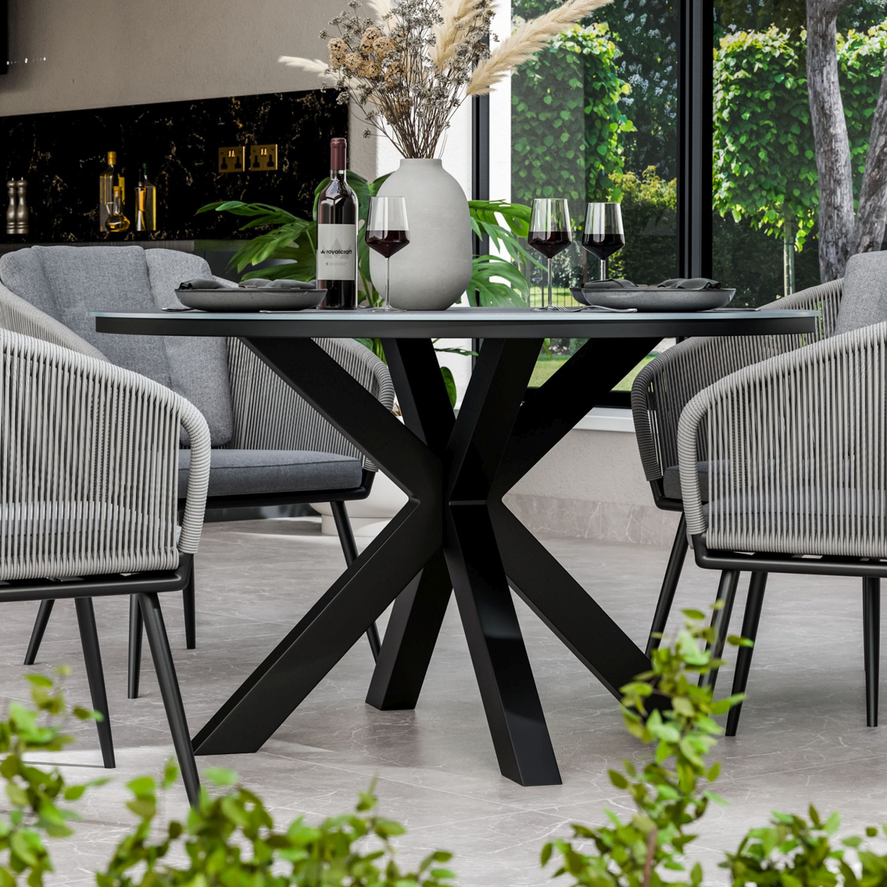 ASPEN 120cm round ceramic grey top with 4 rope chairs 4 ASPASPDIN jpg