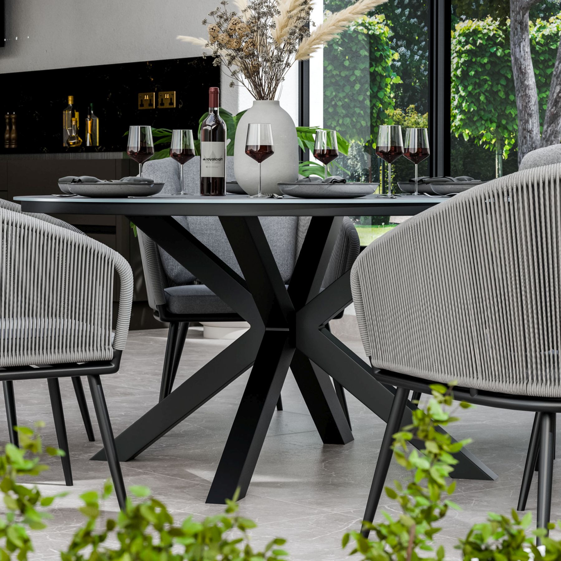 ASPEN 150cm round ceramic grey top with 6 rope chairs 6 ASPASPDIN jpg